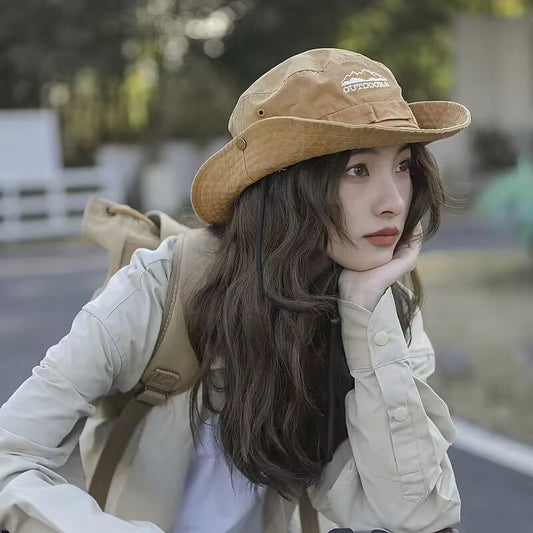 Sun Hats for Men Outdoor Camping Cap Wide Brim Flat Top Anti-UV Protection Women Letter Print Bucket Hat Summer Fisherman Caps
